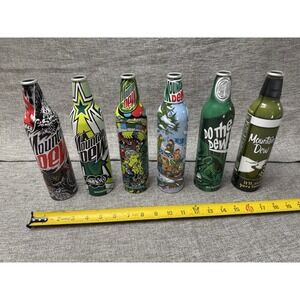 6 Empty Mt. Dew Aluminum Bottles Green Label Art Collectable Lot Bundle